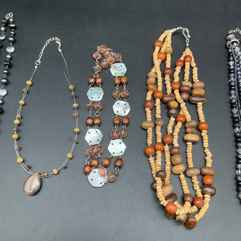 Mixed Costume Jewelry Lot 8 Necklaces Boho Beaded Wooden Gold Tone Statement