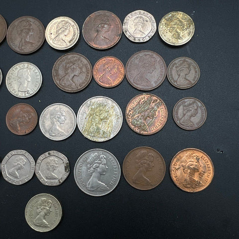 Vintage British Coin Lot 29 Pieces Mixed Denominations Elizabeth II Glue Residue