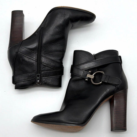 Coach Alessandra Black Leather Wrap Strap Ankle Boots Block Heel Size 10