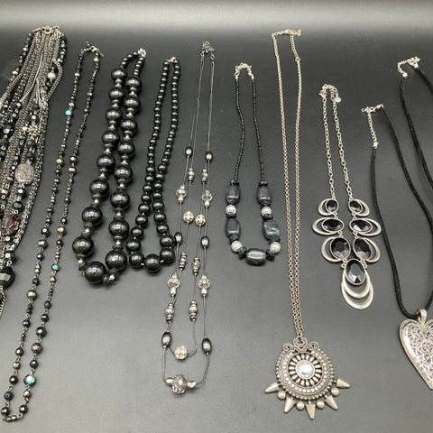 Mixed Costume Fashion Jewelry Lot 11 Necklaces Black Silver Tone Statement