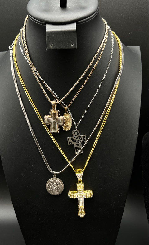 Religious Cross Pendant Necklaces Rosary Medals Jewelry Lot of 14 Gold Silver