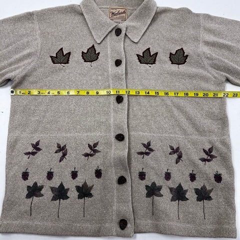 Vintage 90s Woolrich Women's Khaki Leaf Embroidery Cardigan Sweater Sz M