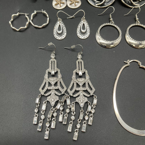 Silver Tone Fashion Earrings Jewelry Lot 17 Pairs Hoops Chandelier Rhinestone