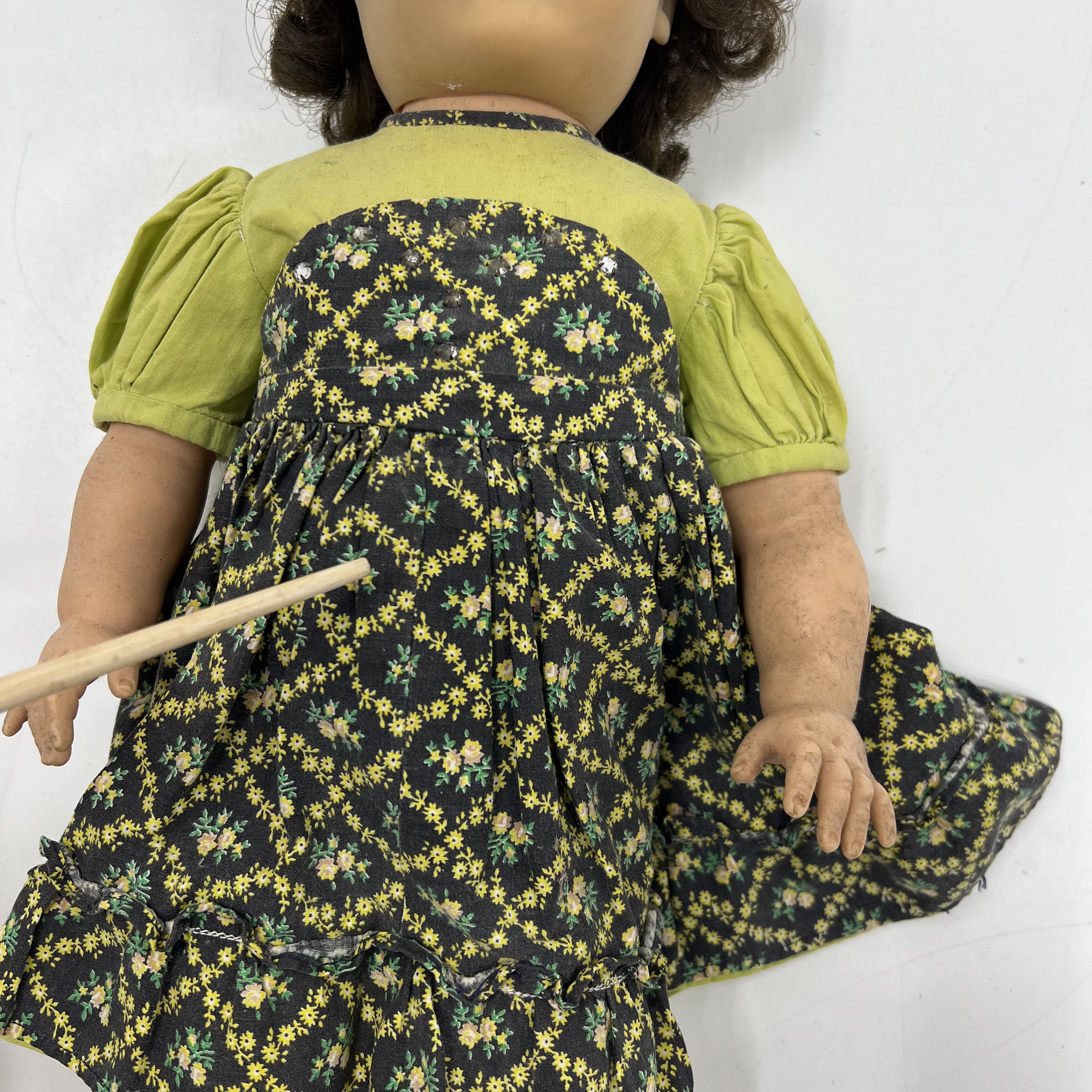 Vintage Composition Baby Doll 18" Green Floral Dress Brown Hair Sleep Eyes