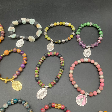 Religious Beaded Stretch Bracelet Lot 22pc Saint Medals Miraculous Cross Stone