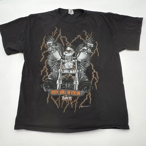 Vintage 2003 Popeye Cycle Club Rock Will Never Die T-Shirt Double Stitch Sz L