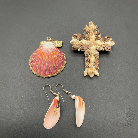 Natural Shell Jewelry Lot 6 Necklaces Cross Brooch Earrings Pendant Beachy 9pc