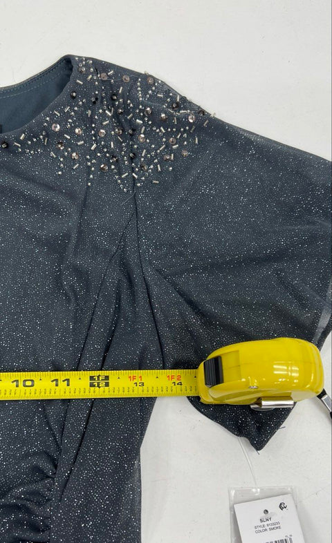 SLNY Women's Gray Glitter Gown Dress Beaded Flutter Sleeve Side Slit Size 6 NWT