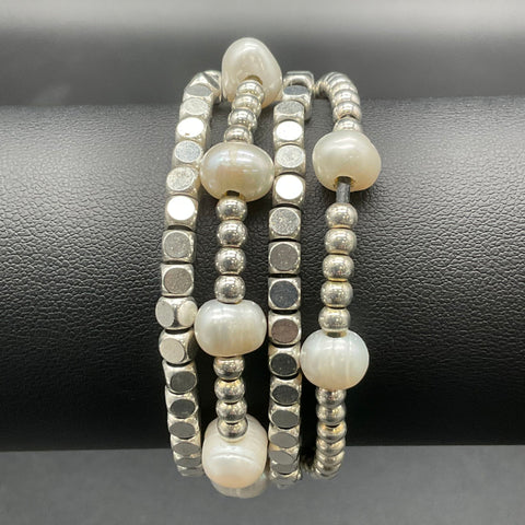Trades by Haim Shahar Silver Tone Multi-Strand White Pearl Beaded Bracelet