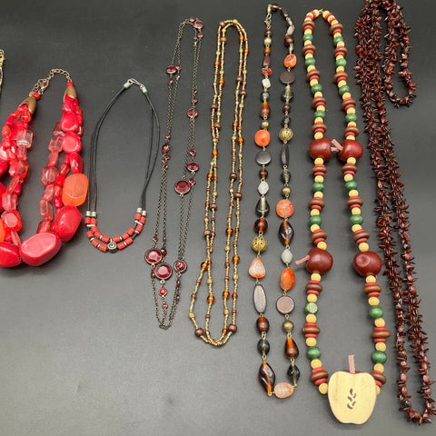 Vintage Boho and Statement Beaded Necklace Jewelry Lot of 8 Red Resin Wood