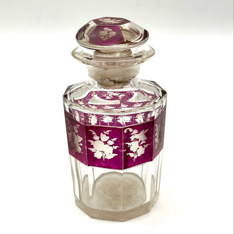 Bohemian Style Cut Glass Decanter Amethyst Purple Stained Etched Floral Vintage