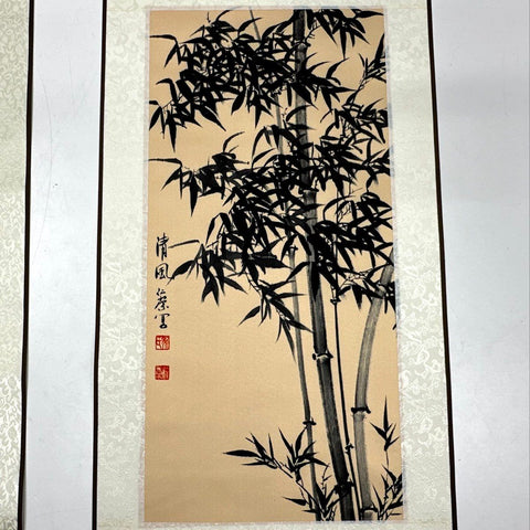 Grace Art Lot of 2 Silk Hanging Scrolls Landscape & Bamboo 32.5" Signed Art