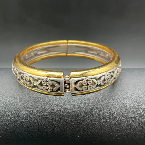 Brighton Intrigue Narrow Hinged Bangle Two-Tone Scroll Heart Accents Size 7
