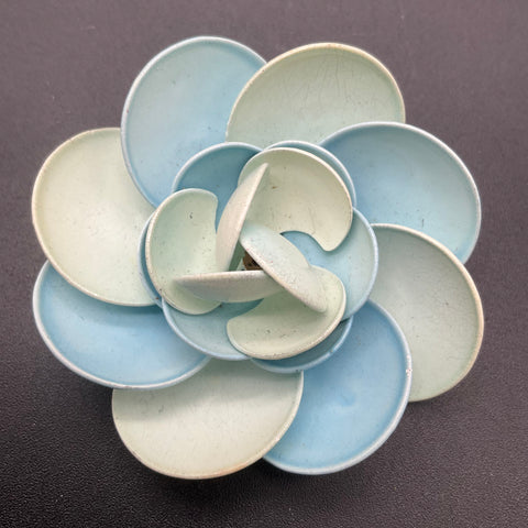 Vintage Coro Enamel Flower Brooch Blue Green Layered Petal Mid-Century Pin 2.5"