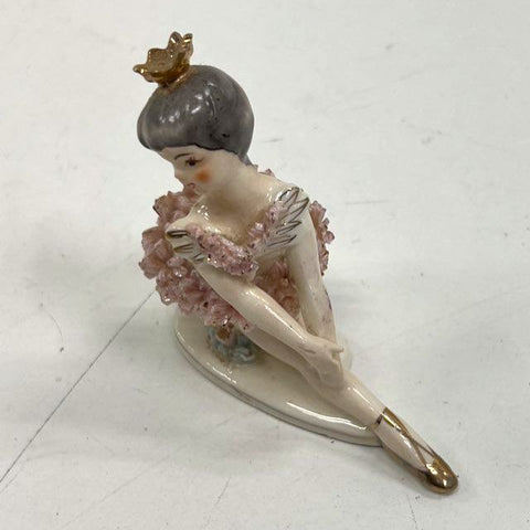 Vintage Spaghetti Ballerina Figurine Pink Tutu Gold Crown Mid-Century Porcelain