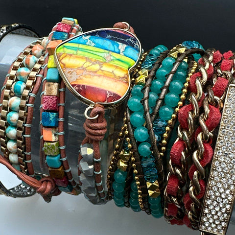 Boho Leather Wrap Bracelet Lot 15pc Beaded Rainbow Heart Turquoise Style Pave
