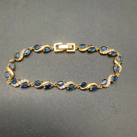 Gold Tone Faux Gemstone Link Bracelets Lot of 2 Blue Marquise & Multi Floral 7"