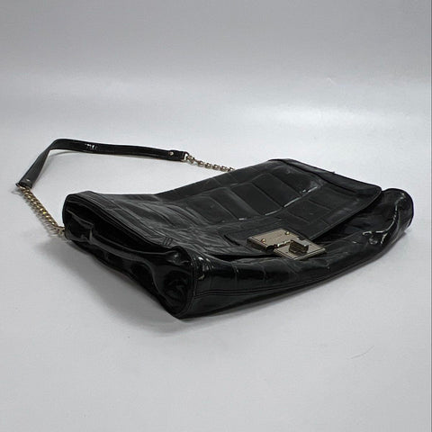 Kate Spade Black Croc Embossed Leather Large Flap Shoulder Bag Silver Hardware