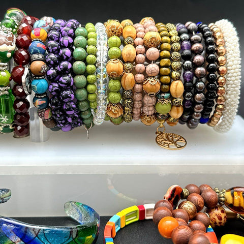 Vintage to Modern Costume Jewelry Lot 30+ Pcs Beaded Stretch Cuffs Bangles