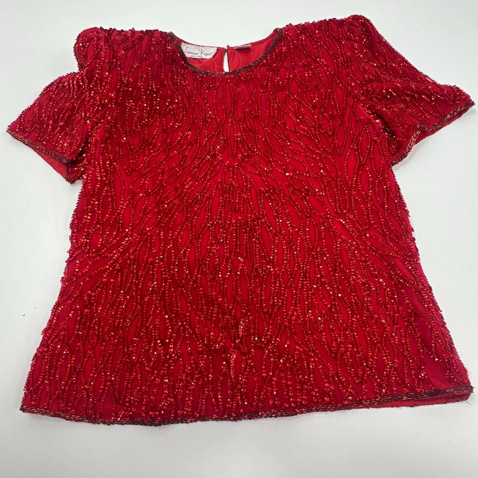 Laurence Kazar Red Beaded Sequined Silk Short Sleeve Shirt Women's Large