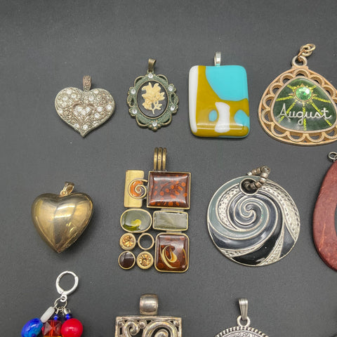 Vintage & Modern Costume Jewelry Pendant Lot of 24 Hearts Cross USN Military
