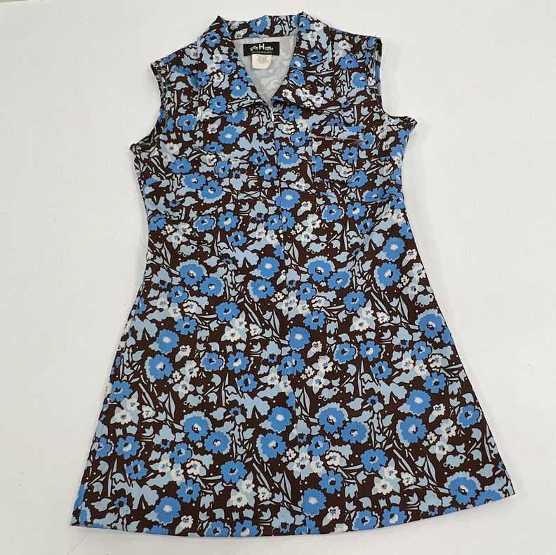 Vintage 90s Mad House Brown Blue Floral 60s Style A-Line Mini Dress Women's S