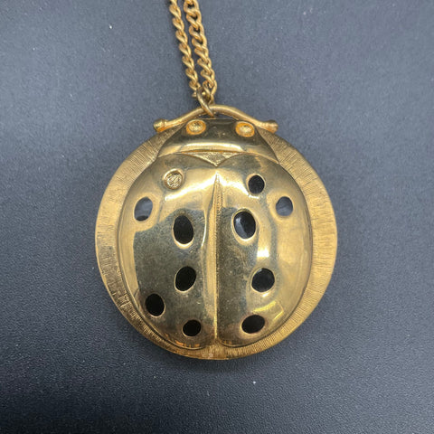 Vintage Revlon Ladybug Intimate Solid Perfume Necklace Gold Tone Pendant
