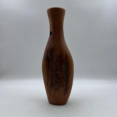Studio Craft Red Cedar Wood Vase Turquoise Inlay Signed DG 18 Inch Vintage