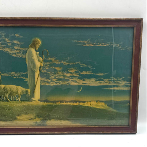 R Atkinson Fox Jesus Good Shepherd Sheep Print 22x14 Vintage Signed Framed