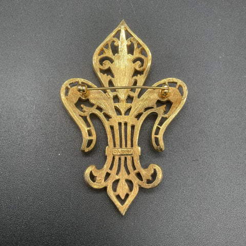 Vintage Monet Gold Tone Fleur De Lis Brooch Textured Openwork Pin