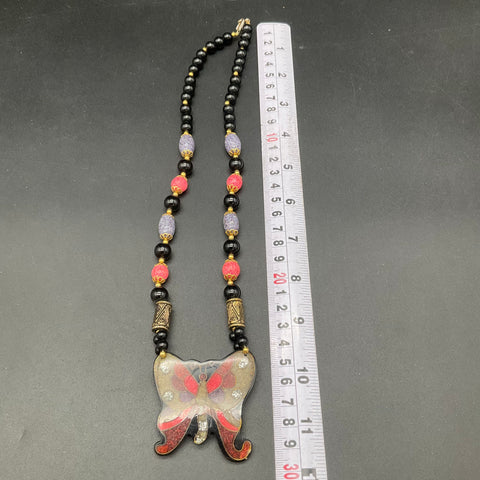 Vintage Butterfly Statement Pendant Necklace Beaded Black Red Purple 22"