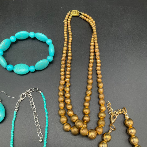 Statement Costume Jewelry Lot 8pc Beaded Gold Tone Turquoise Red Multi-Strand