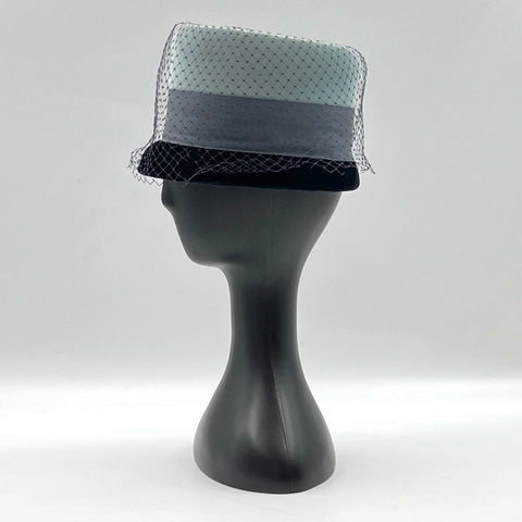 Vintage 60s Pillbox Hat with Veil Union Made Blue Gray Velvet 8" Diameter