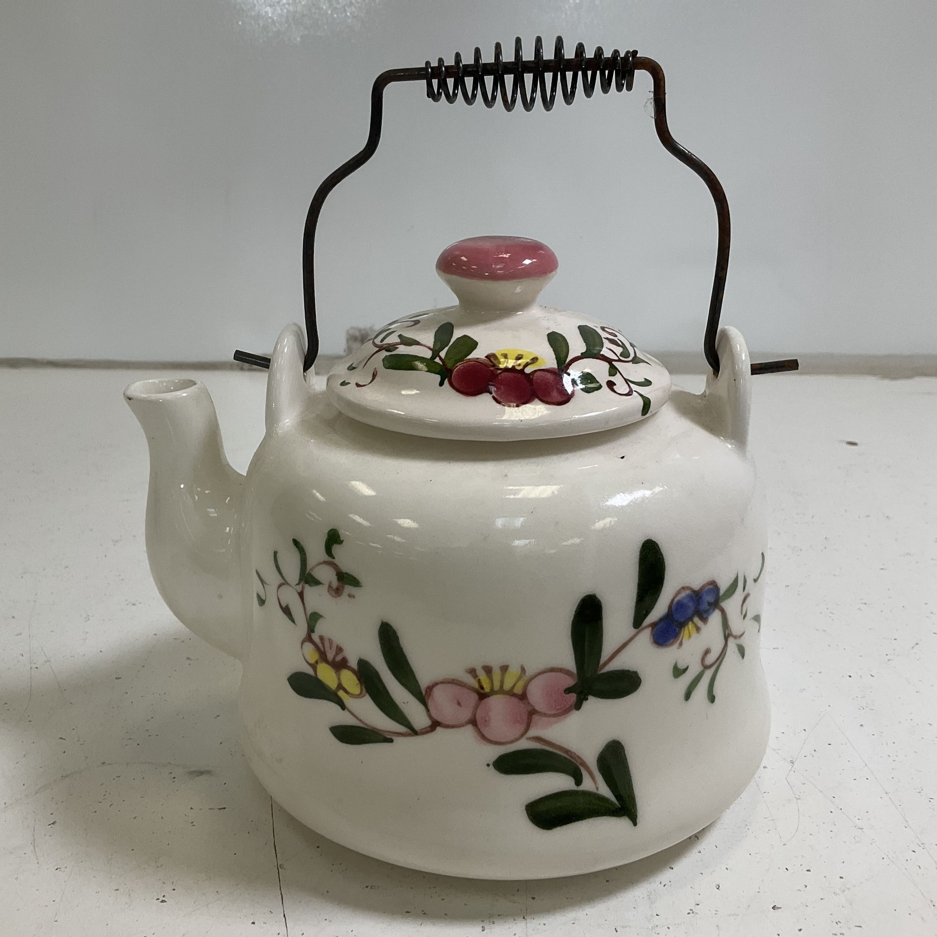 Vintage Hand Painted Floral Ceramic Teapot Kettle White Metal Bail Handle