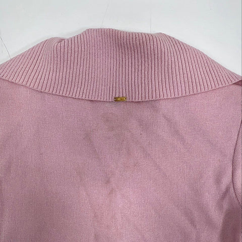 St. John Women's Cardigan Sweater Pink Rayon Wool Knit Ribbed Collar Size S
