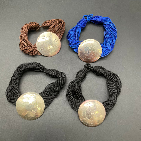 Boho Multi-Strand Textile Fiber Bracelets Silver Tone Stamped Medallions Lot 4