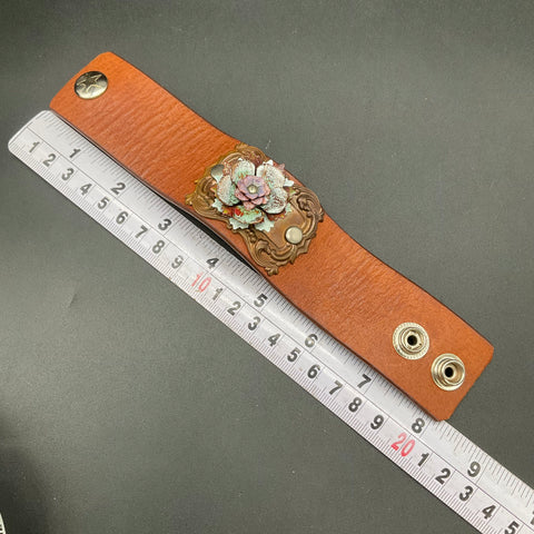 Leather Cuff Bracelet with Enameled Metal Flower Filigree Accent Western Boho