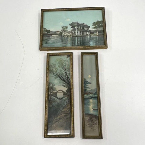 Antique Asian Art Print Triptych Set 3 Summer Palace Camel Back Bridge Framed