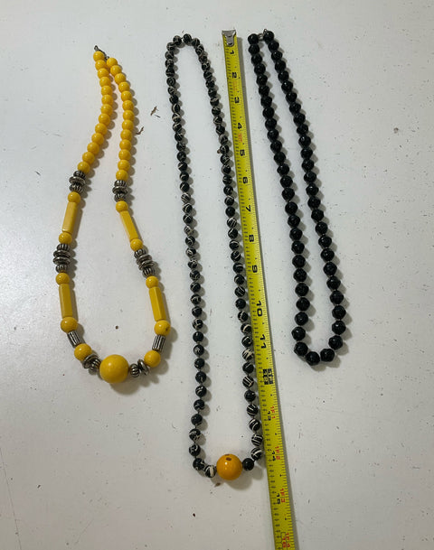 Lot of Black Yellow and White Plastic Beaded Necklaces Vintage 9 Pieces