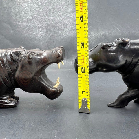 Vintage Hand Carved Hardwood Hippo Figurines Set of 2 African Art Open Mouth