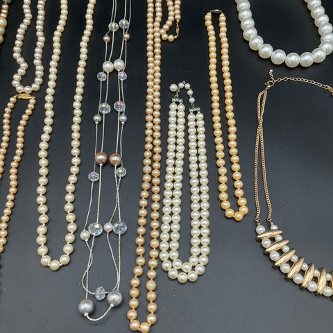 Vintage Faux Pearl Costume Jewelry Lot 12 Necklaces Bracelet Multi-Strand 1.1lb