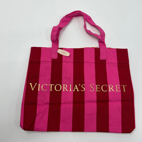 NWT Victoria's Secret Pink Red Striped Canvas Tote Bag Gold Logo