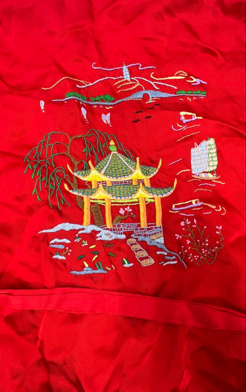 Vintage 80s Longevity Red Embroidered Pagoda Landscape Robe Kimono China Sz L