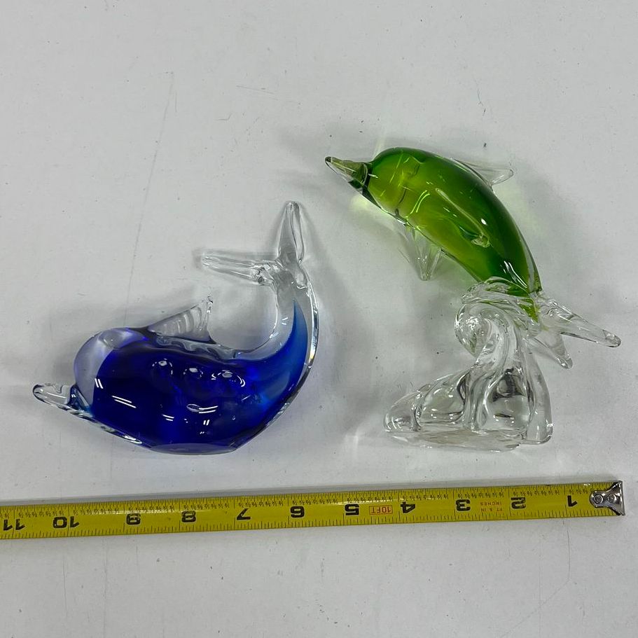 Vintage Murano Style Art Glass Dolphin Figurines Lot 2 Cobalt Blue Lime Green