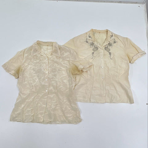Vintage 50s Lot of 2 Embroidered Silk Button Up Blouse Shirts Sz 34