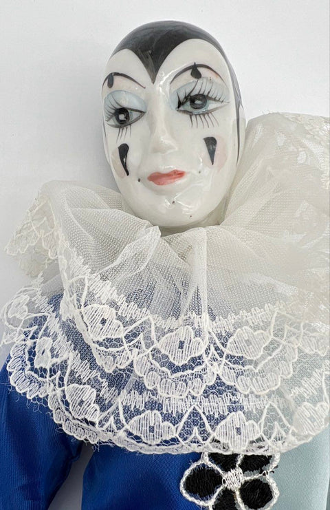 Porcelain Harlequin Pierrot Doll Blue Silver Satin 17 Inch Vintage With Box