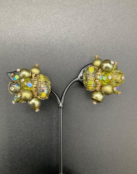 Vintage Vendome Green AB Crystal Glass Bead Demi Parure Bracelet Earring Set