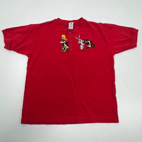 Vintage 90s Warner Bros Youth Looney Tunes Embroidered Henley Shirt Red Sz YXL