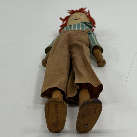 Vintage Wood Folk Art Doll Boy Figure Red Hair Overalls 12" Hand Painted