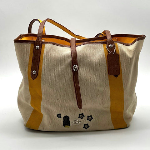 Coach Beige Yellow Canvas Market Tote Bag Space Rocket Stars Patches